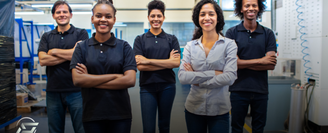 A diverse team of manufacturing professionals standing confidently in an industrial workspace, showcasing the workforce behind the innovations. Phalanx Outreach Solutions logo is displayed in the bottom left corner.