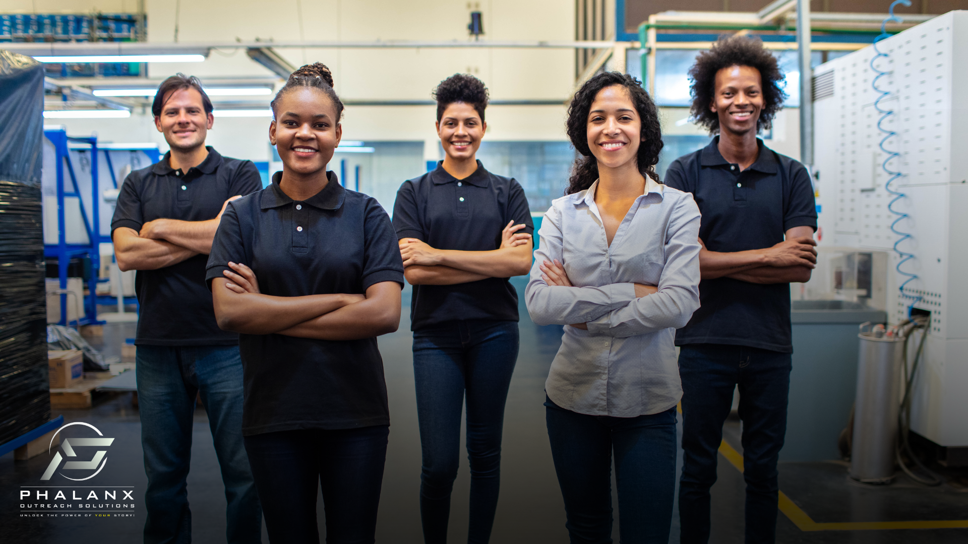 A diverse team of manufacturing professionals standing confidently in an industrial workspace, showcasing the workforce behind the innovations. Phalanx Outreach Solutions logo is displayed in the bottom left corner.